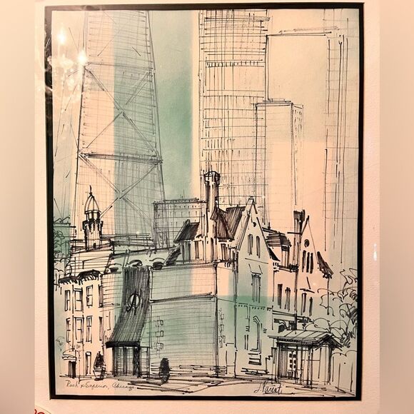 Rush & Superior Chicago Watercolor Art Print - J. Parenti Signed Cityscape - Picture 1 of 6